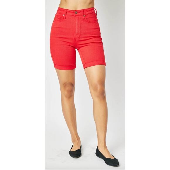 Judy Blue Women Large Red Patriotic Tummy Control Bermuda Denim Jean Shorts - Picture 1 of 7